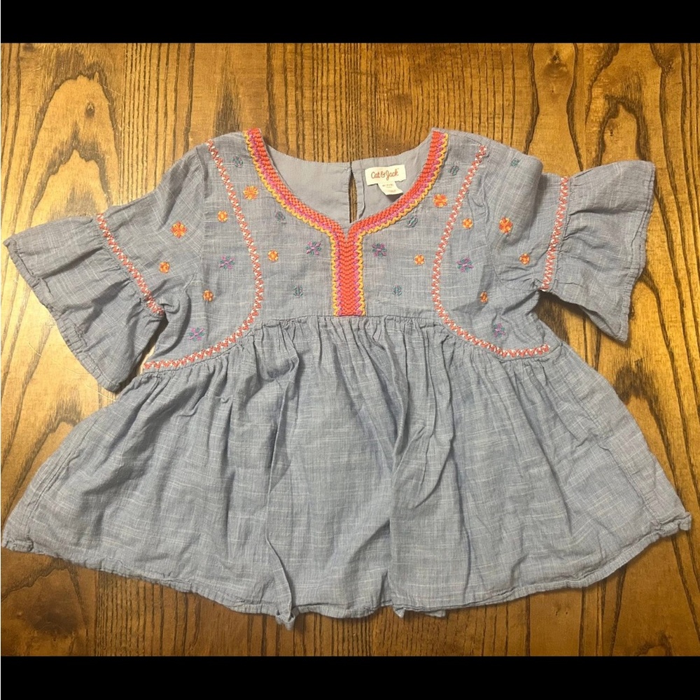 Cat & Jack Light Blue Kids Blouse with Pink and Orange Embroidery